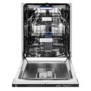Tall built-in dishwasher front view with open door, empty racks, and stainless tub