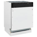 Built-in dishwasher with open top housing and white front body, angled view