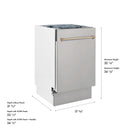 Compact stainless steel dishwasher exterior with bronze handle and front panel