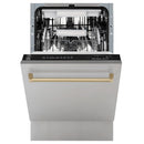 Stainless steel dishwasher with open door, bronze handle, and interior racks