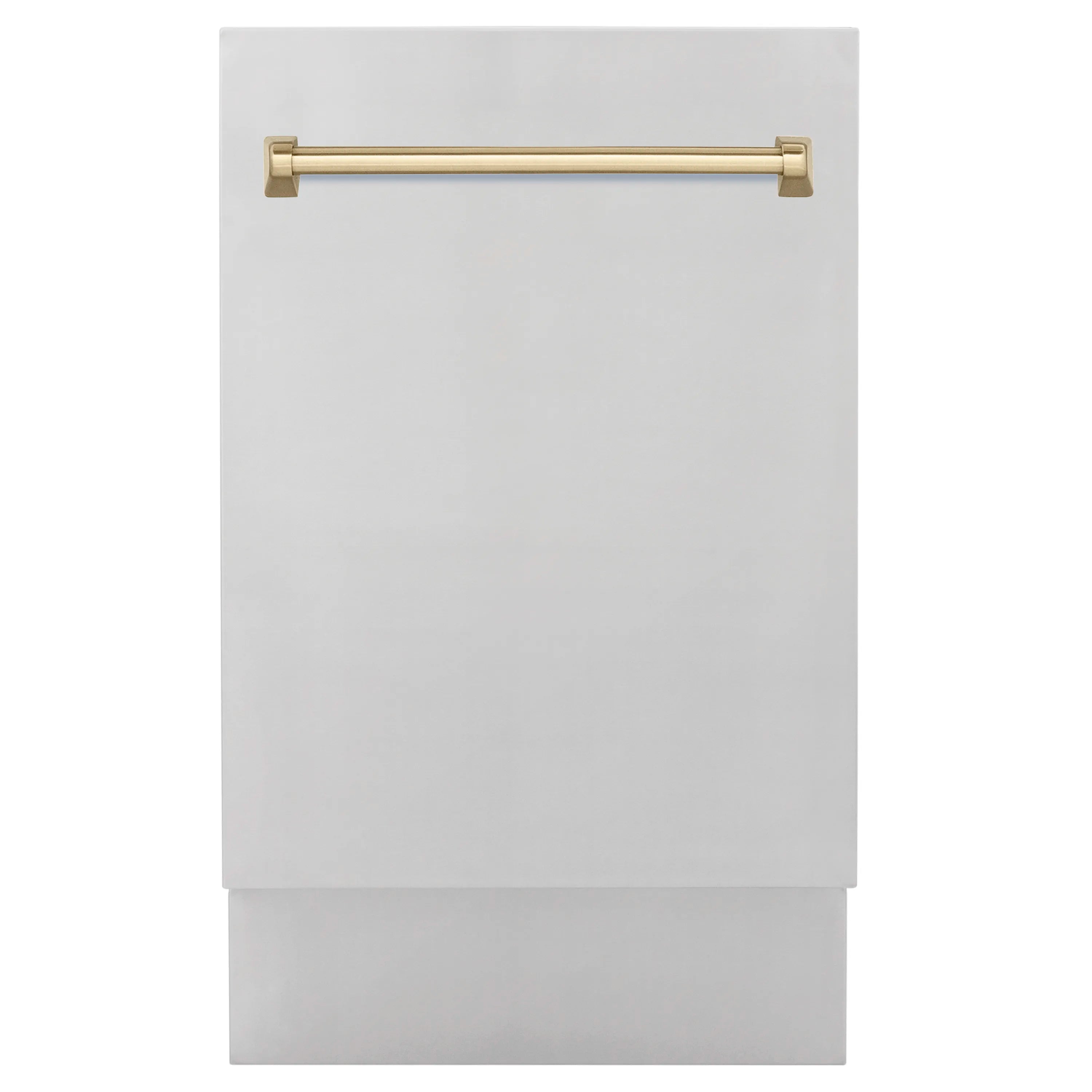 Compact dishwasher front panel with champagne bronze bar handle on white door