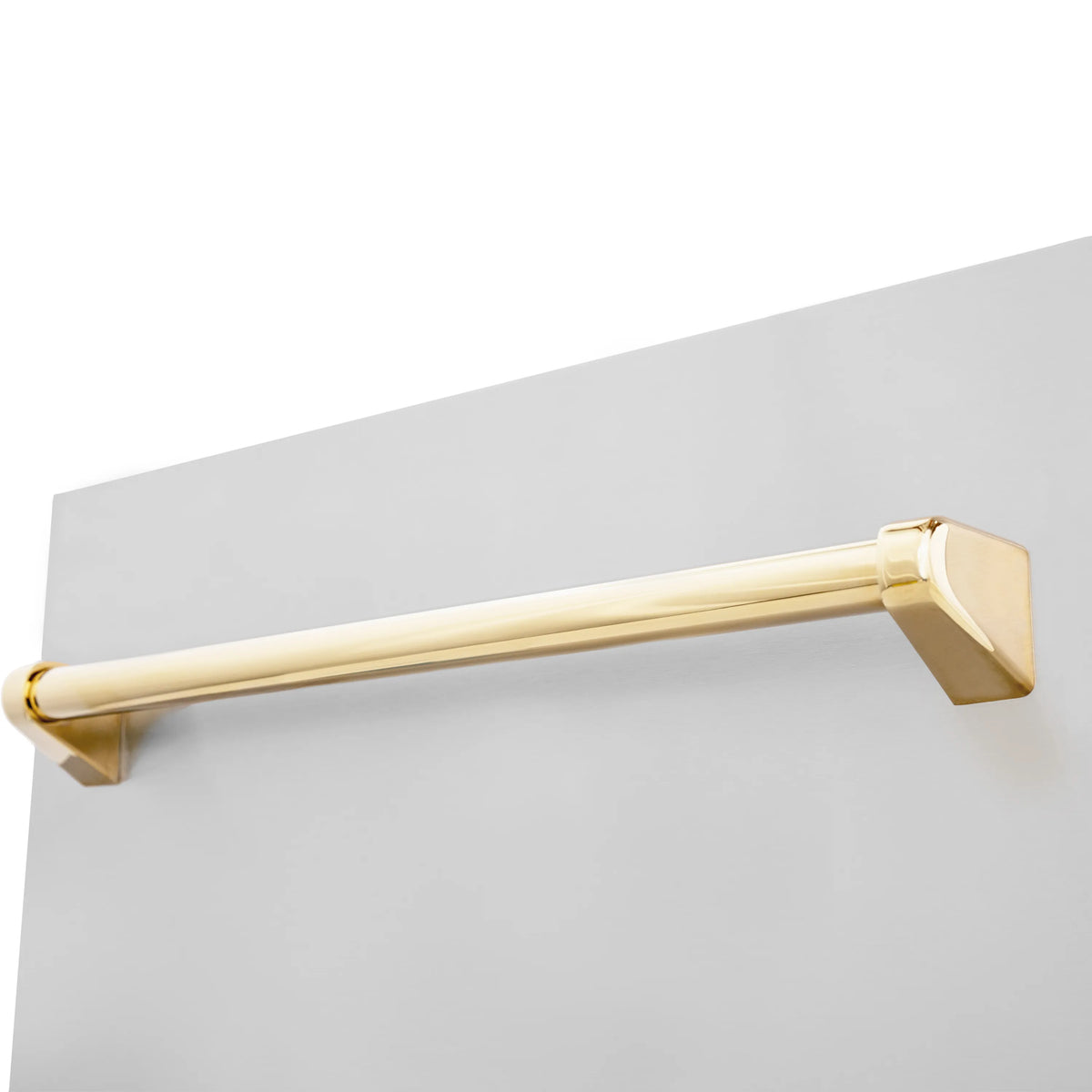 Top-control dishwasher door with polished gold handle on stainless front