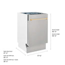 Dishwasher dimension diagram with gold top handle on front panel cutaway
