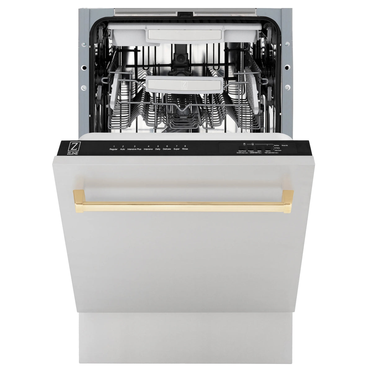 Open dishwasher with interior racks and polished gold handle across front panel