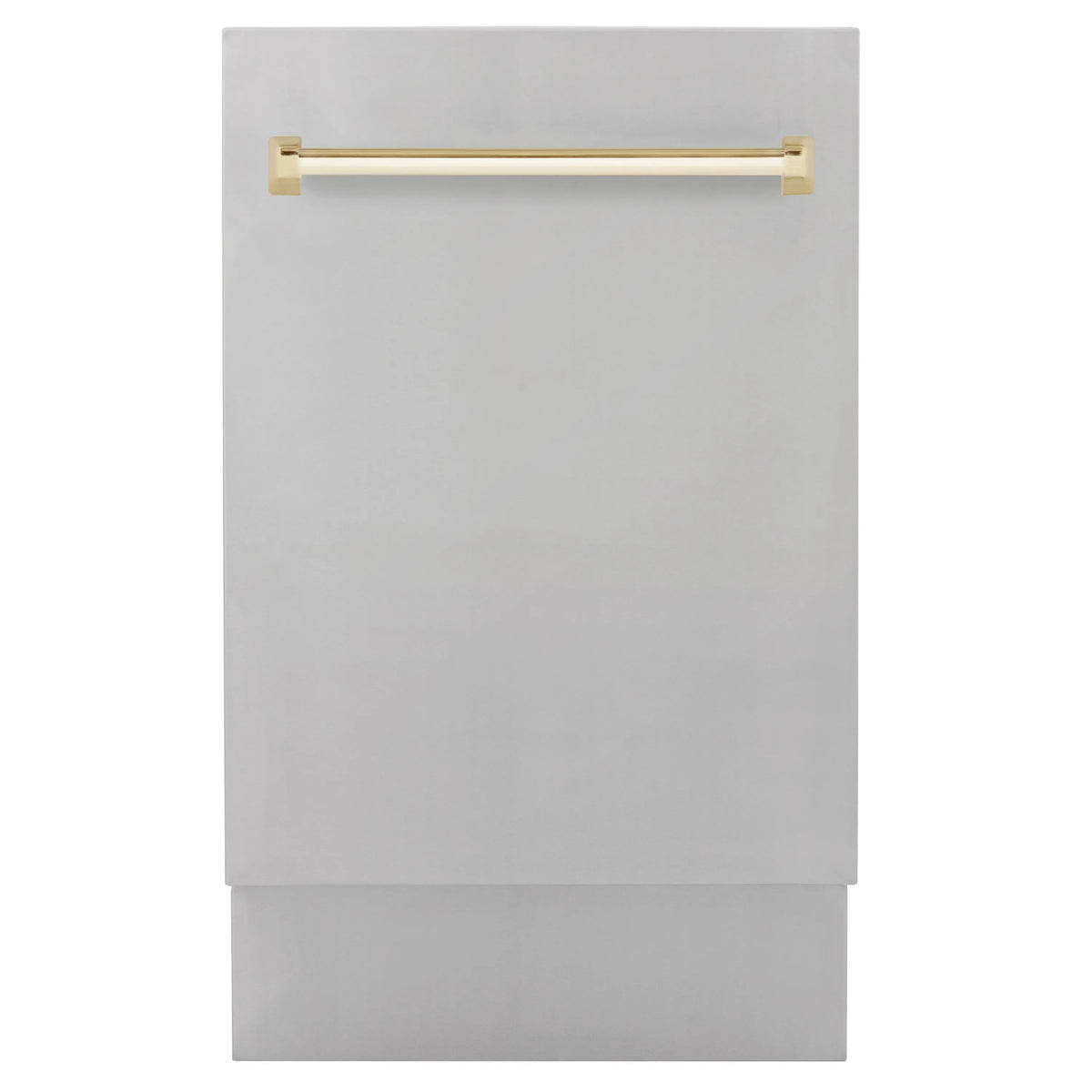 Stainless dishwasher door with polished gold top handle, closed view