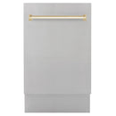 Stainless dishwasher door with polished gold top handle, closed view