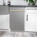 Compact stainless steel dishwasher front with gold handle and closed door