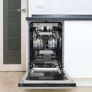 Built-in stainless steel compact dishwasher with open door and interior racks visible