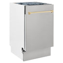 Compact stainless steel dishwasher side view with gold handle and closed door