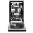 ZLINE compact dishwasher with racks and spray arms, open door showing interior tub