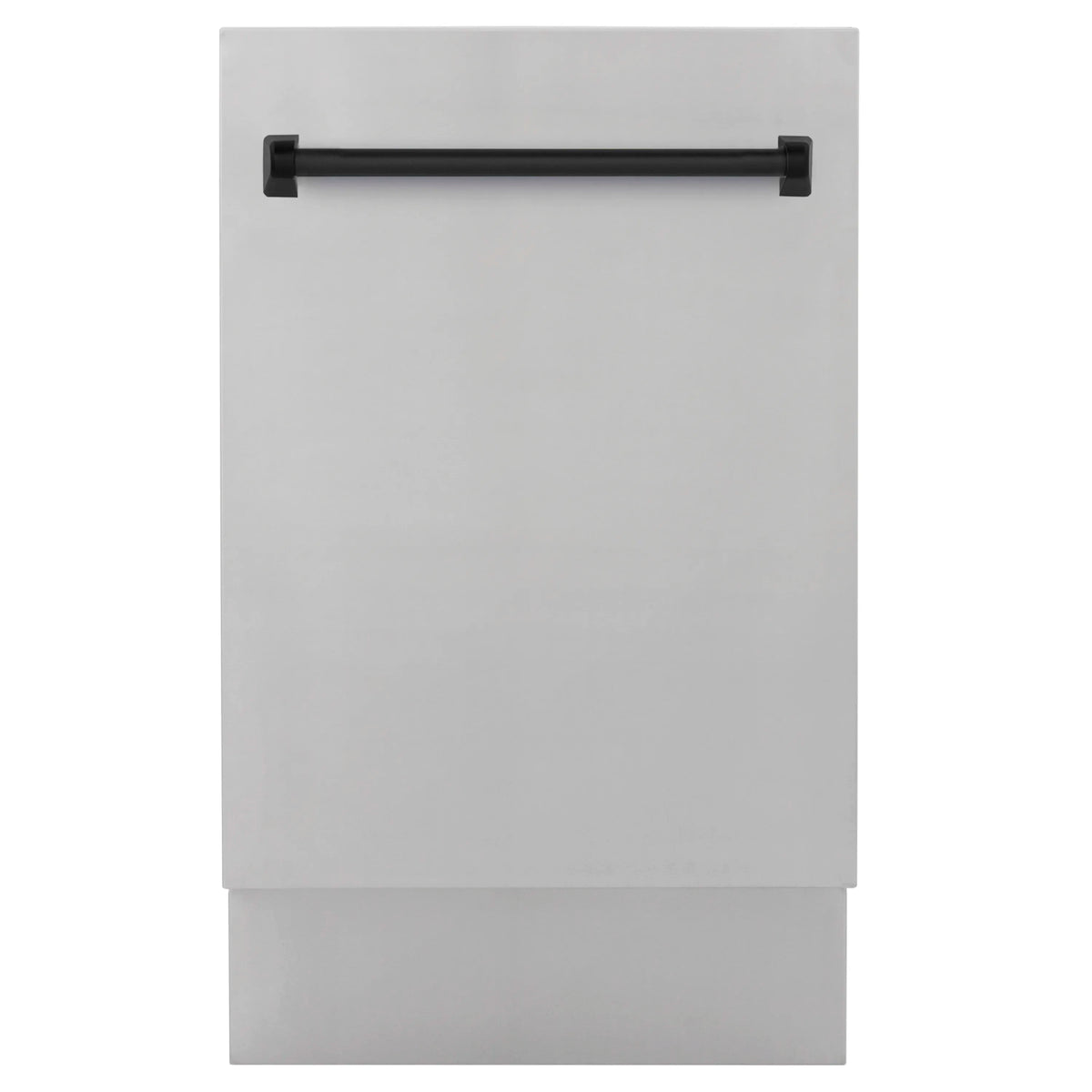 Compact dishwasher front panel with black handle and stainless finish