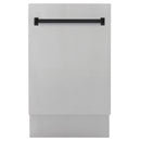Compact dishwasher front panel with black handle and stainless finish