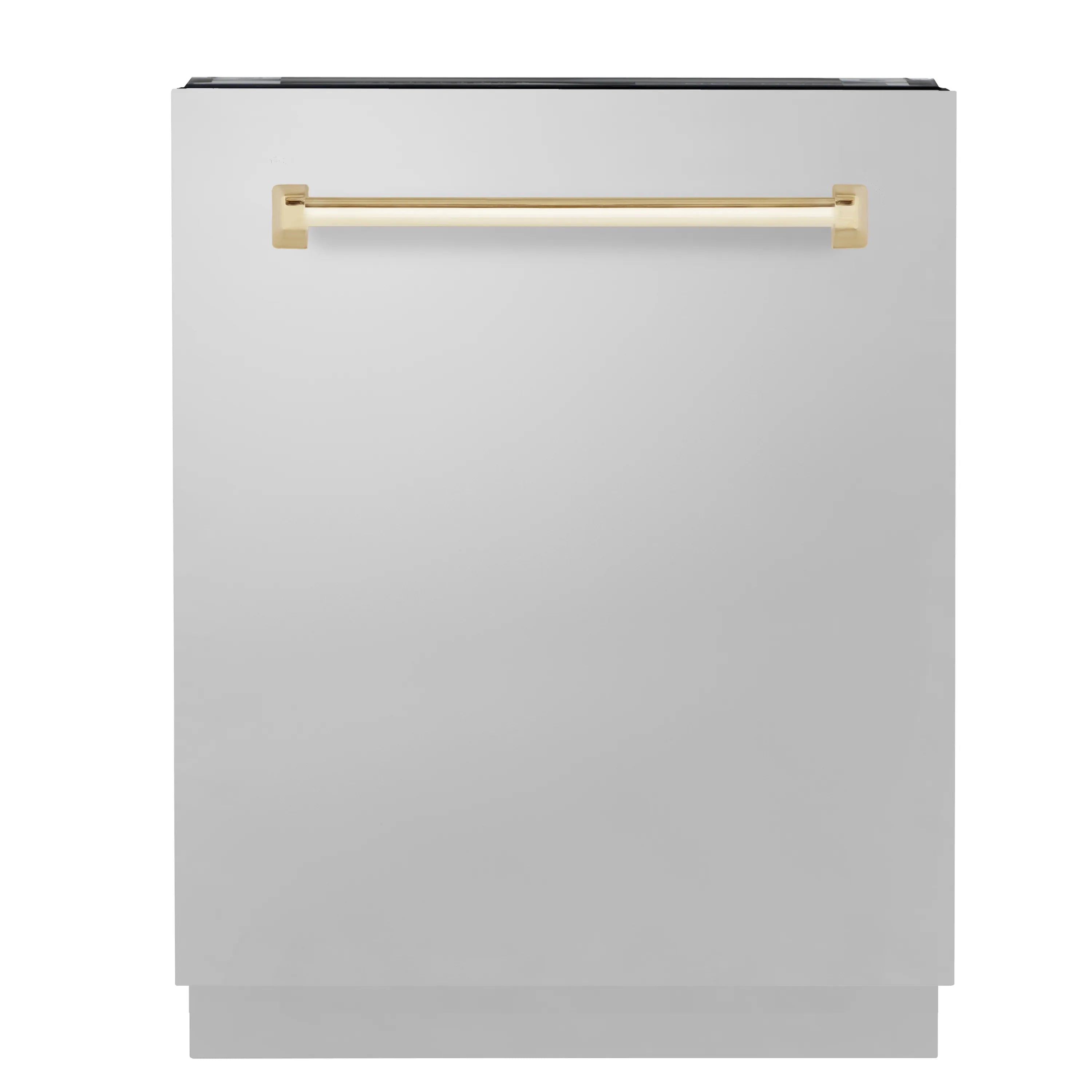Tall tub dishwasher with gold handle, front view, light gray door panel.