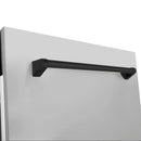 Matte black dishwasher handle mounted on stainless steel door