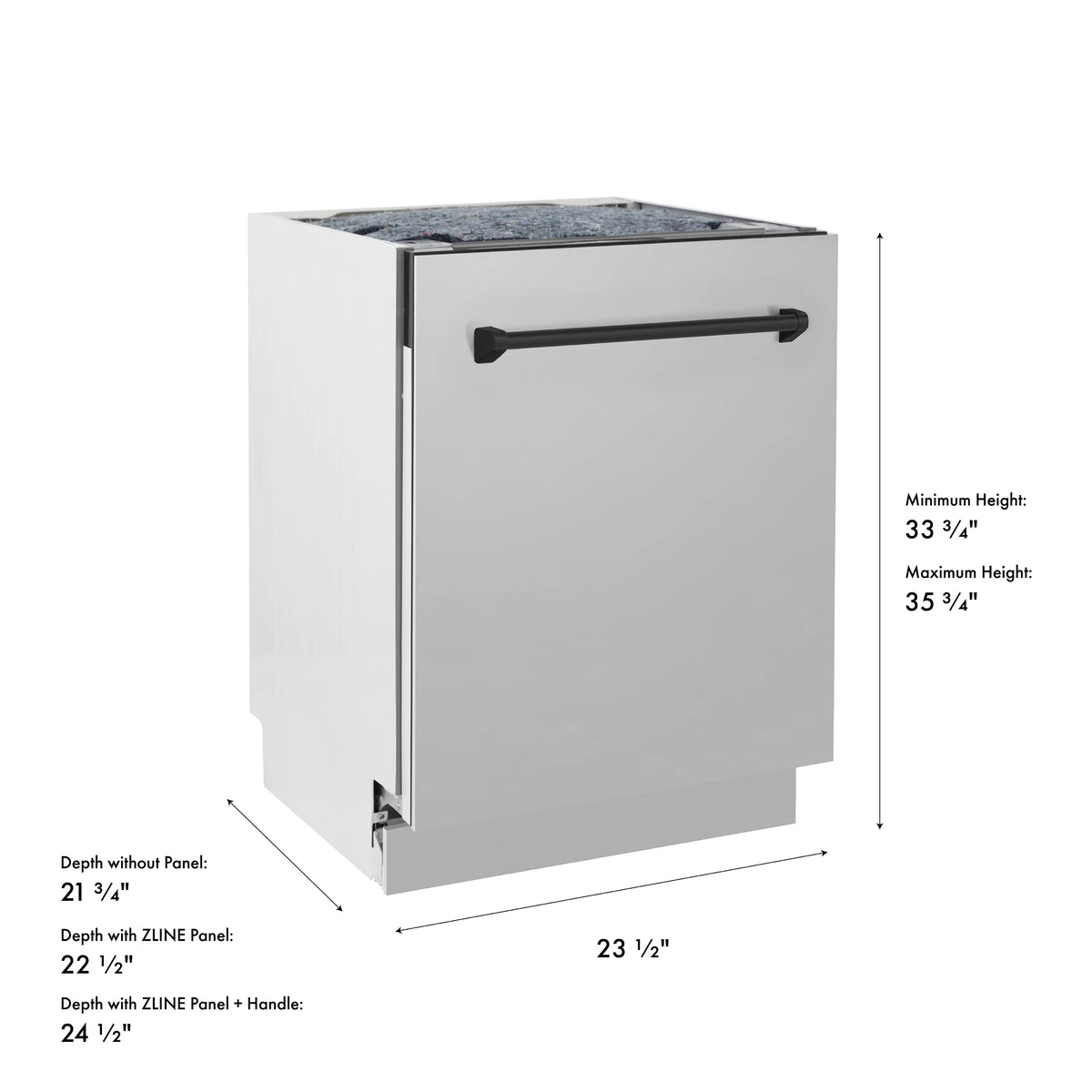 Stainless steel dishwasher with matte black handle, shown with height and depth dimensions