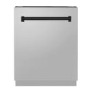 Stainless steel dishwasher front view with matte black handle centered