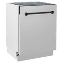 Stainless steel dishwasher front with matte black handle and top control area