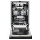 Open black stainless steel dishwasher showing upper and lower racks