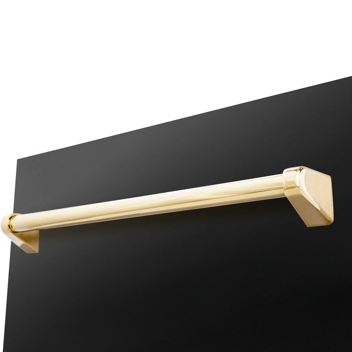 Polished gold bar dishwasher handle on a black door, close-up