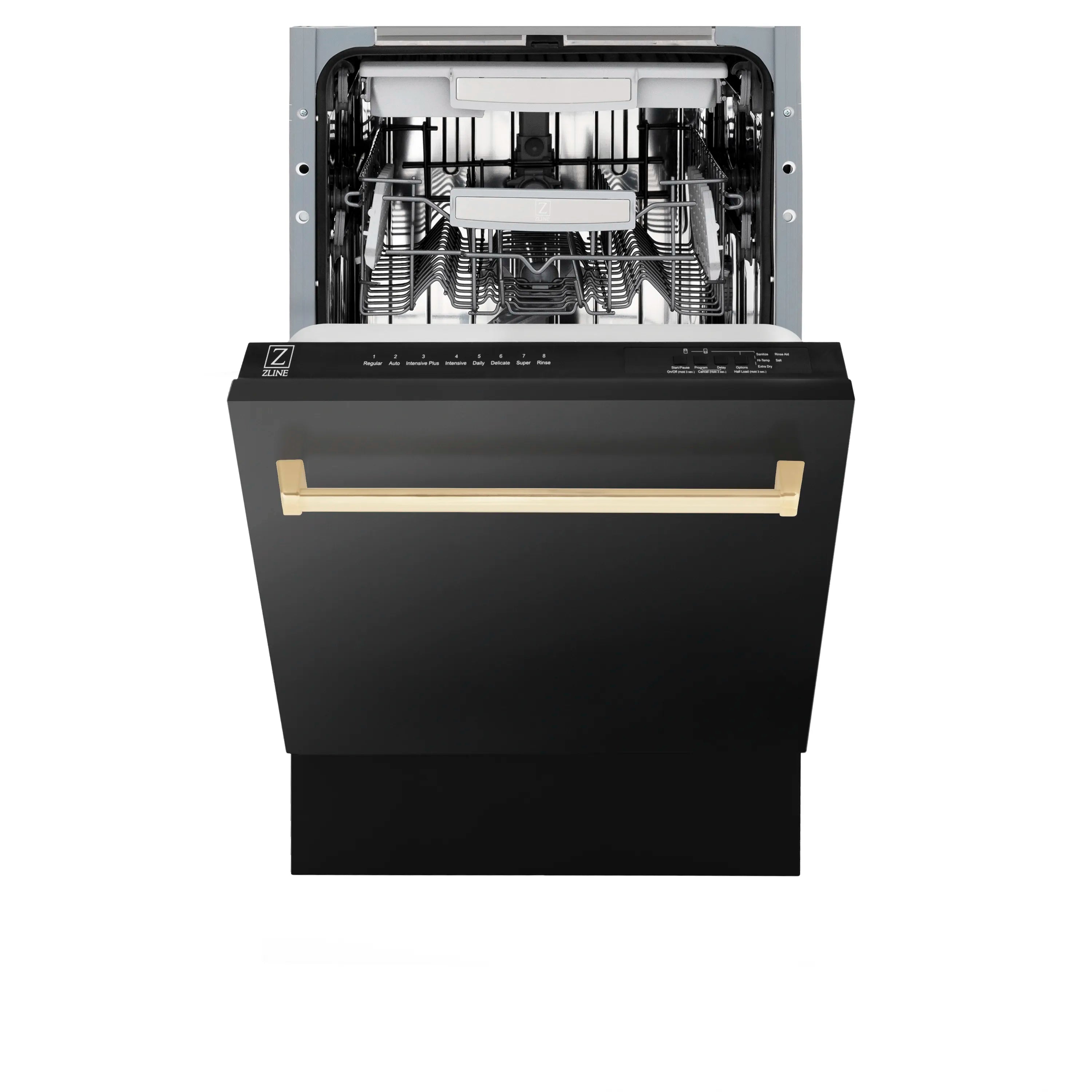 Tall dishwasher with door open, black interior racks and polished gold bar handle