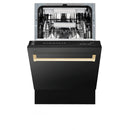 Tall dishwasher with door open, black interior racks and polished gold bar handle