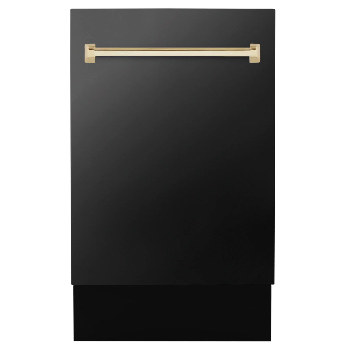 Black stainless steel tall tub dishwasher with gold handle, front view.