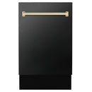 Black stainless steel tall tub dishwasher with gold handle, front view.