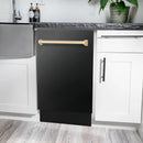 Tall built-in dishwasher, black door with polished gold bar handle