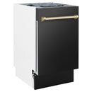 Black tall tub dishwasher, angled side view with gold bar handle.