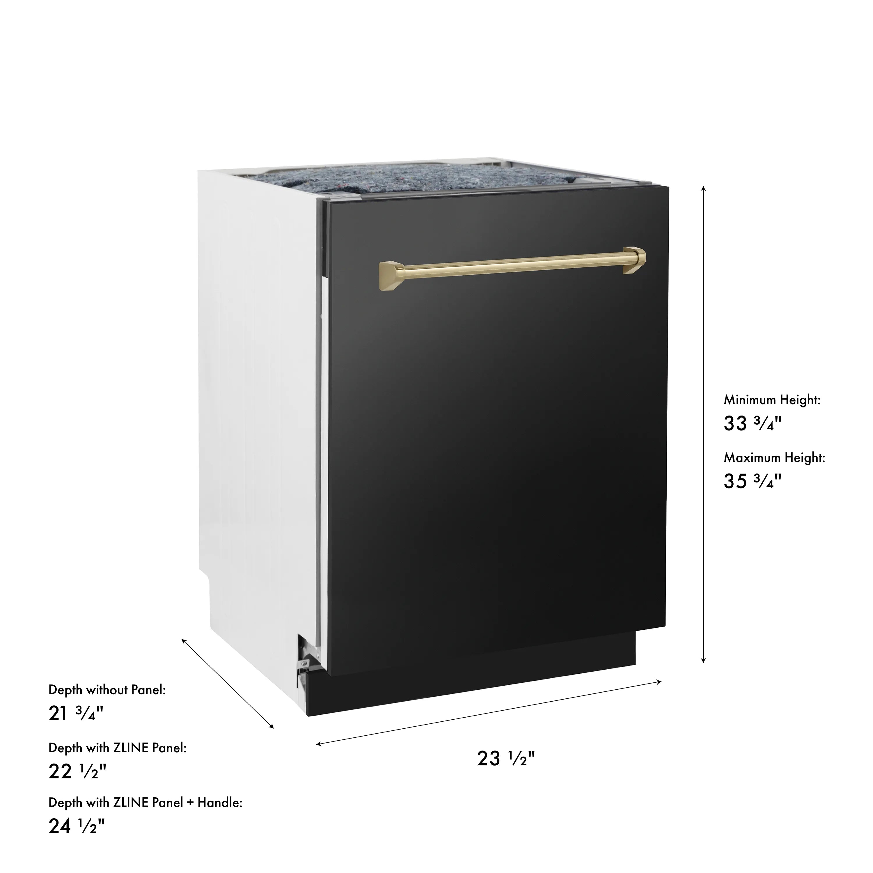 Tall black stainless dishwasher door with champagne bronze horizontal handle