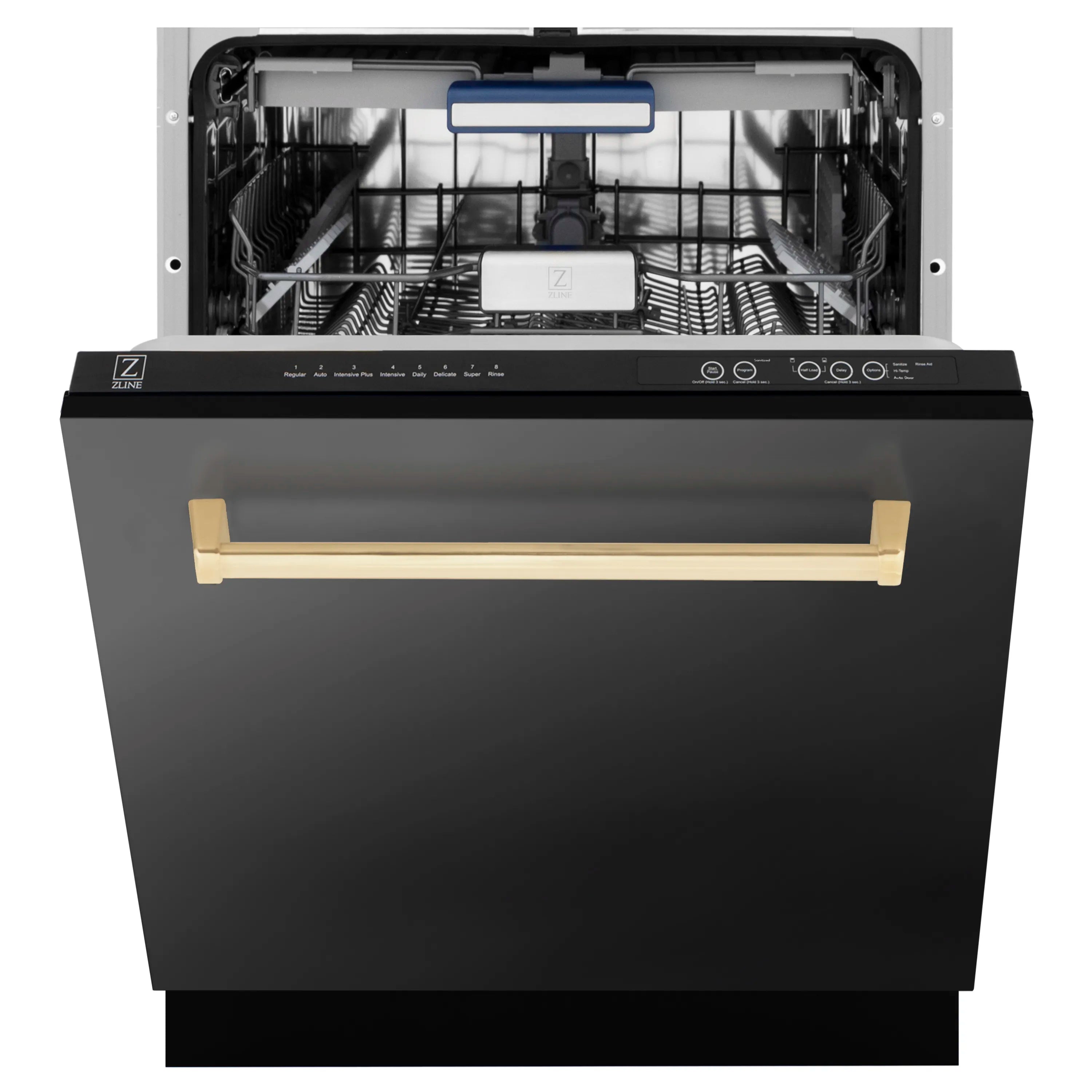 Black tall tub dishwasher open, showing racks and control panel