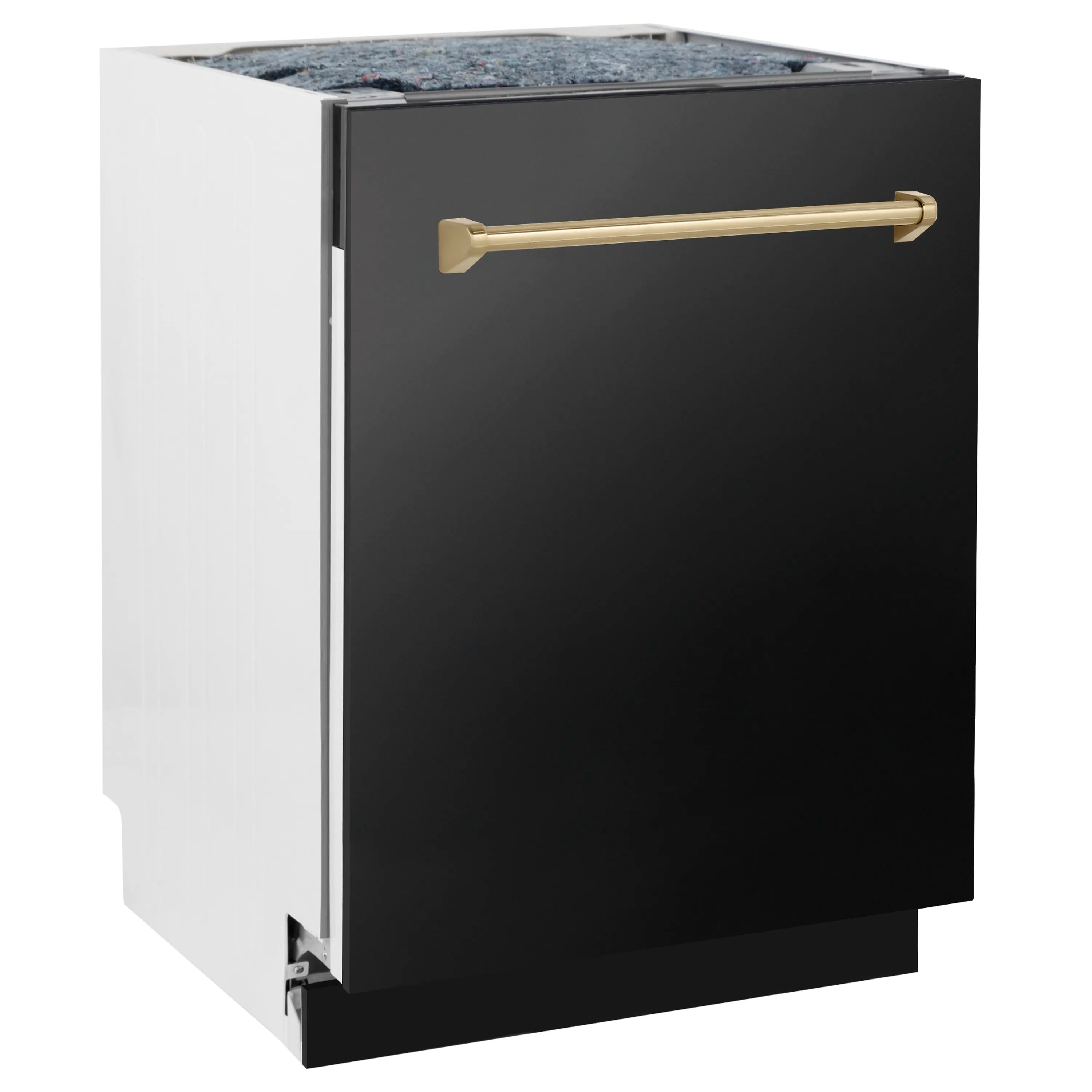 Black dishwasher exterior with champagne bronze handle, side view