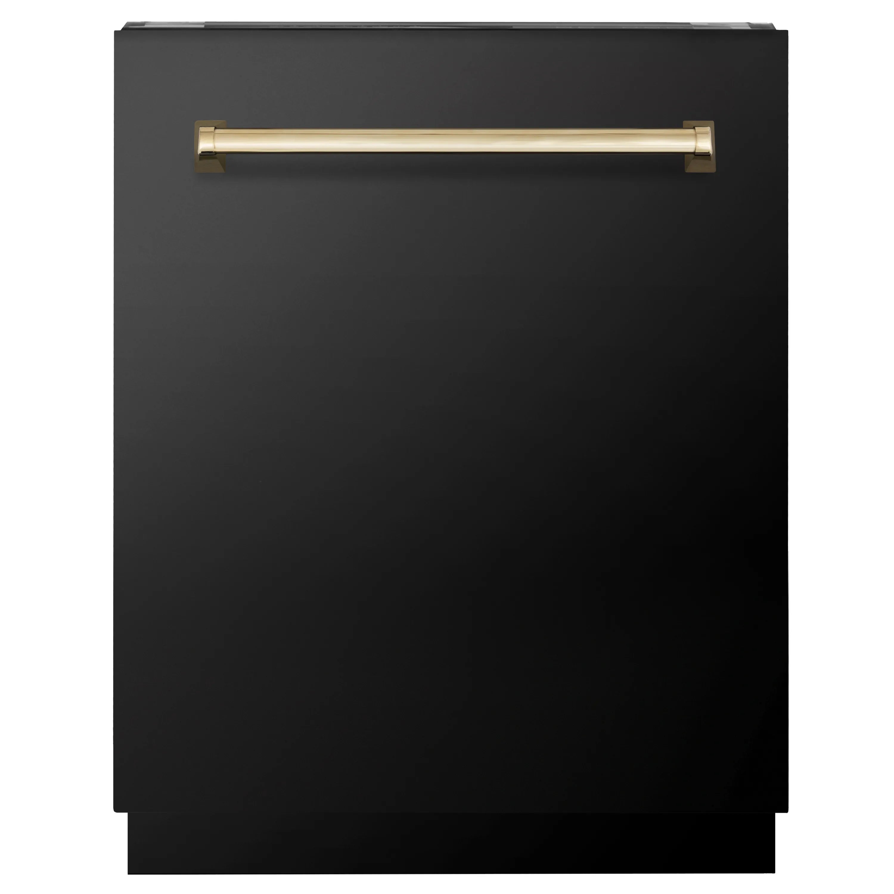 Black dishwasher front with gold horizontal bar handle