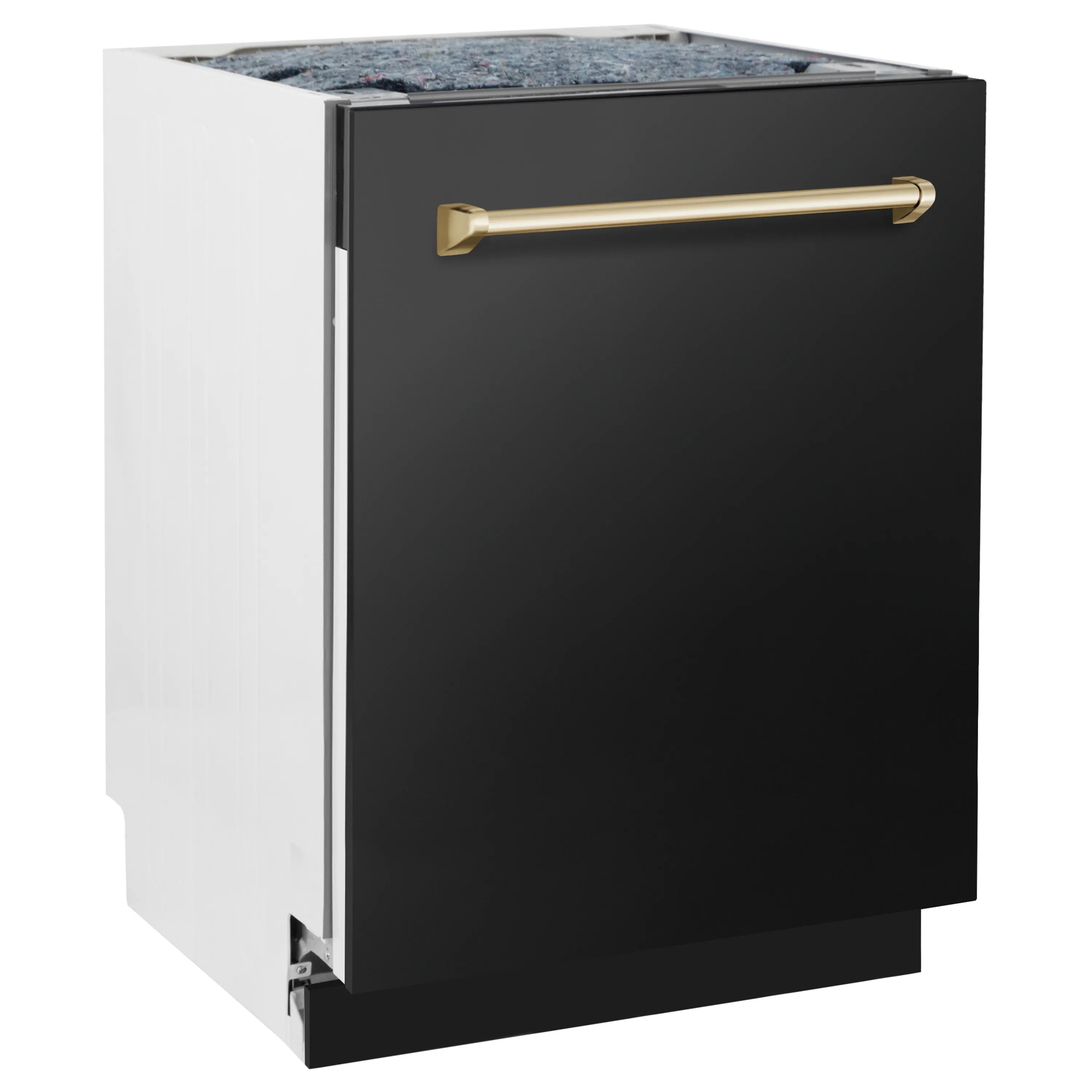 Black dishwasher front panel with gold bar handle