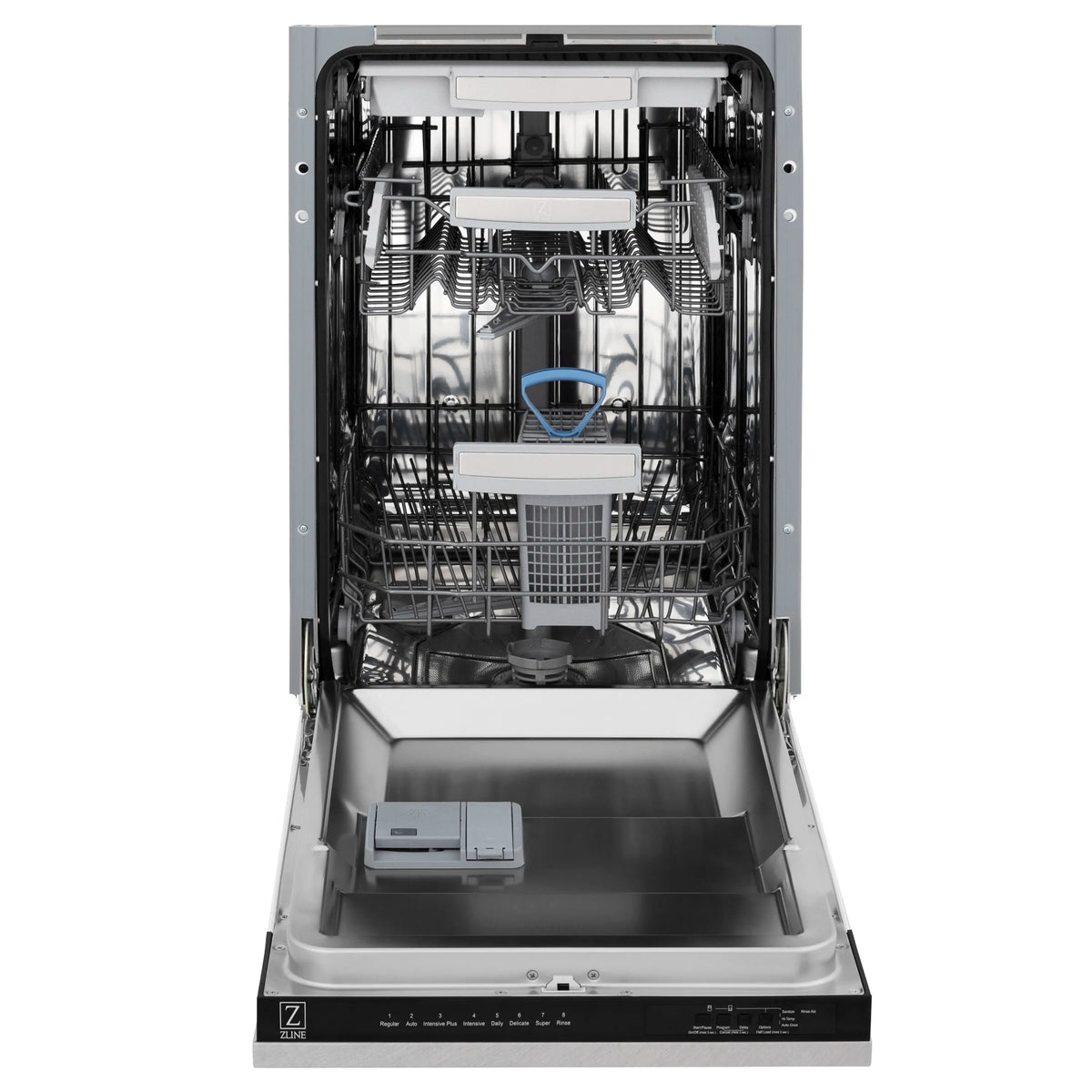 Compact built-in dishwasher with open racks and top control panel, satin stainless steel
