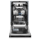 Compact built-in dishwasher with open racks and top control panel, satin stainless steel