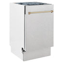 Compact dishwasher with door open and champagne bronze handle, satin stainless steel body