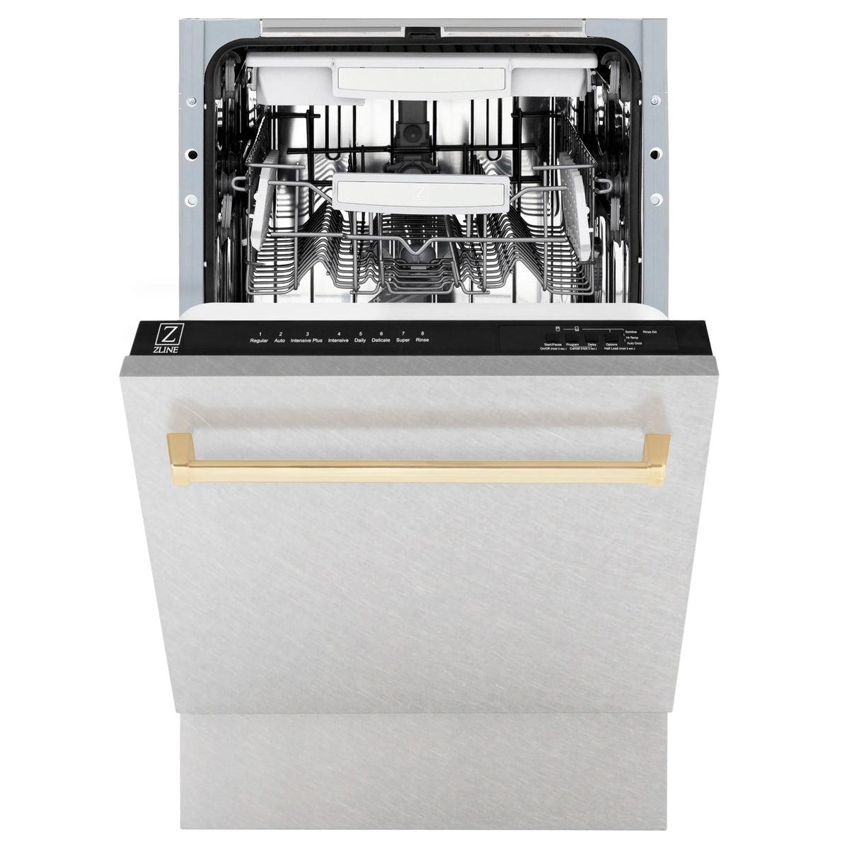 Built-in dishwasher with interior racks and gold-trim handle
