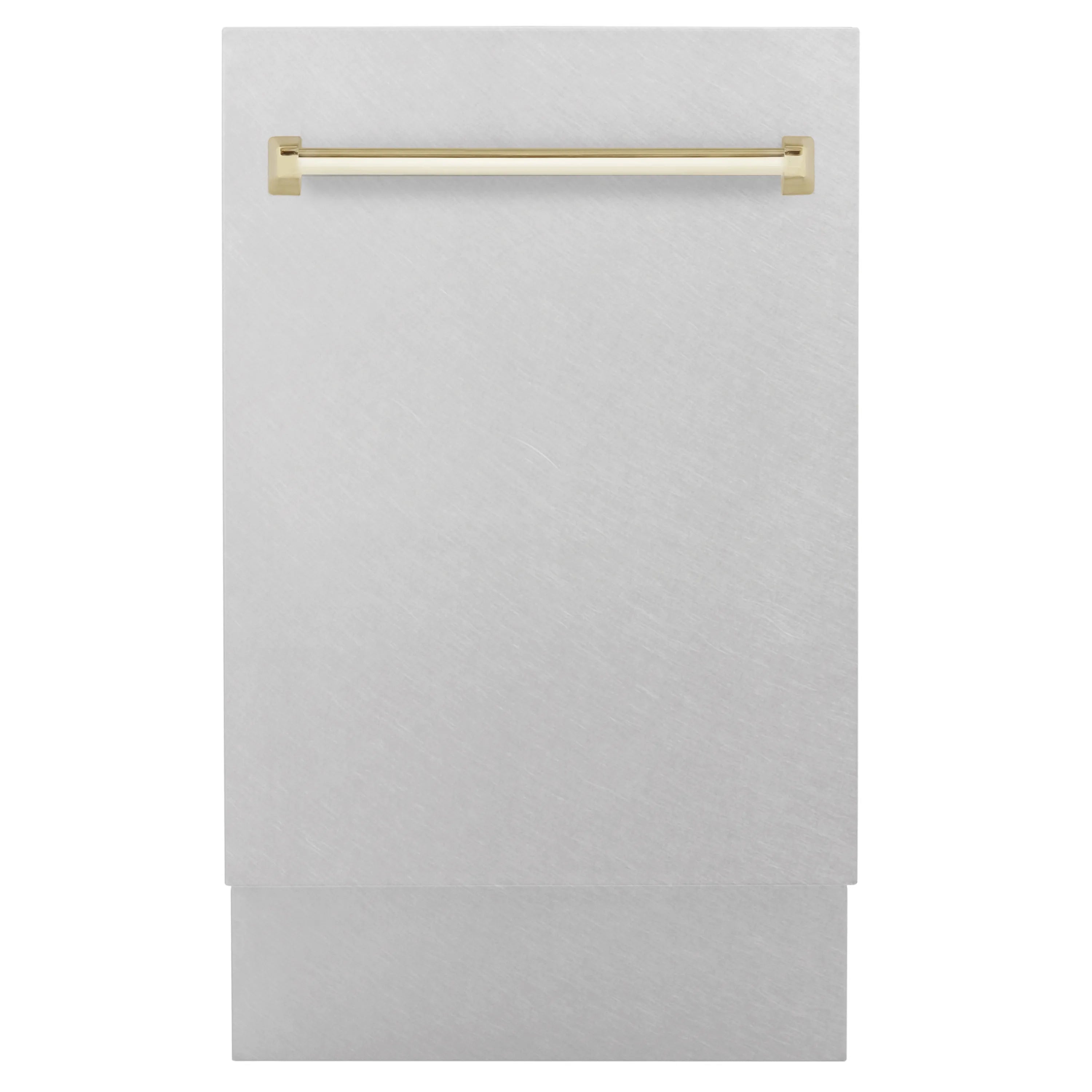 Dishwasher front door panel in satin stainless steel with gold handle