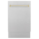 Dishwasher front door panel in satin stainless steel with gold handle