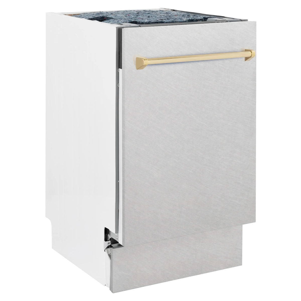 Compact dishwasher cabinet in satin stainless with gold handle, front corner view.