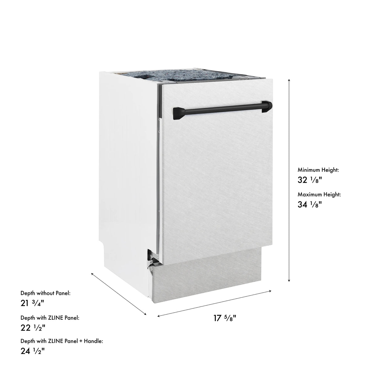 Compact dishwasher front with black handle and size measurement diagram