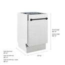 Compact dishwasher front with black handle and size measurement diagram