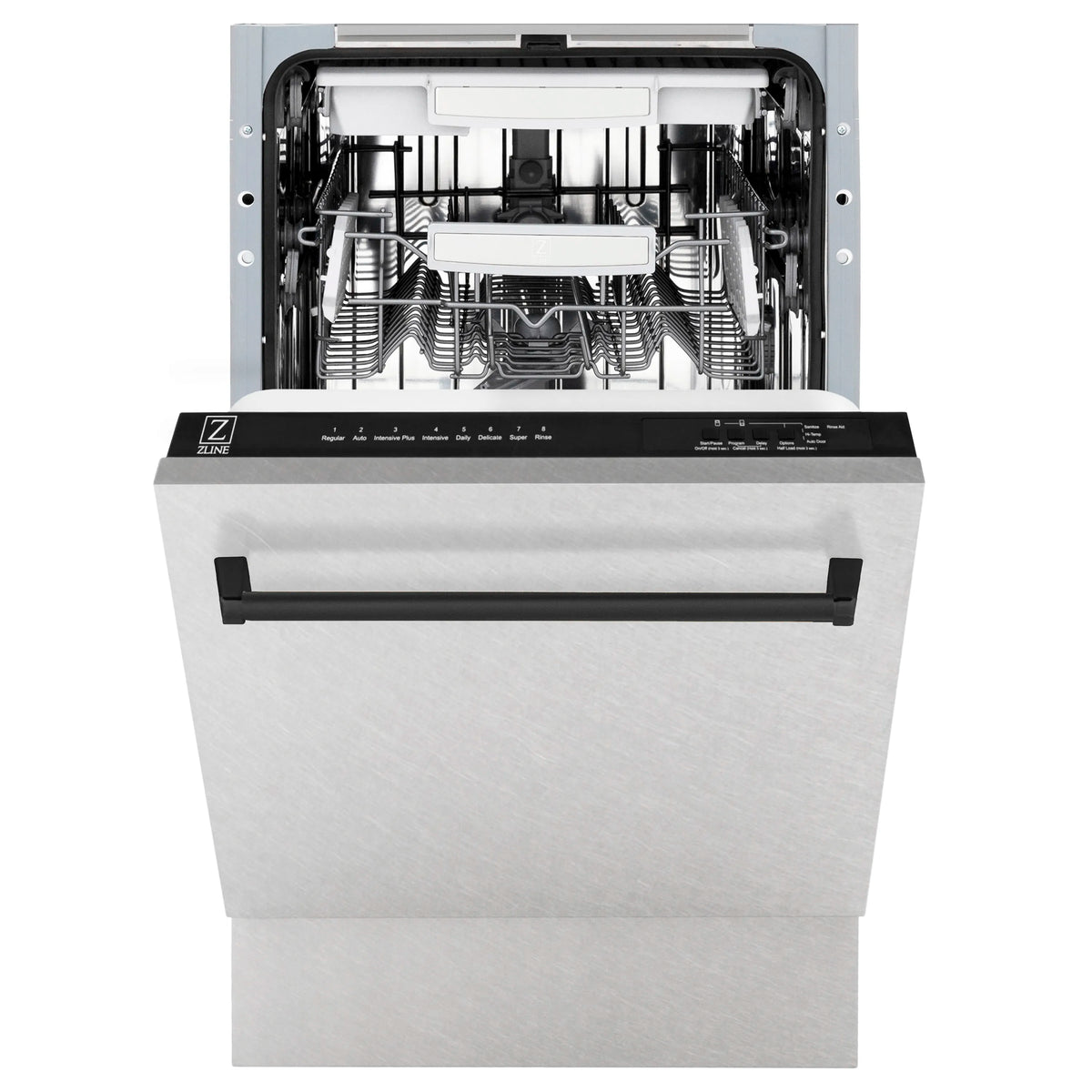 Open compact dishwasher with racks extended and black control strip on stainless tub