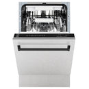 Open compact dishwasher with racks extended and black control strip on stainless tub