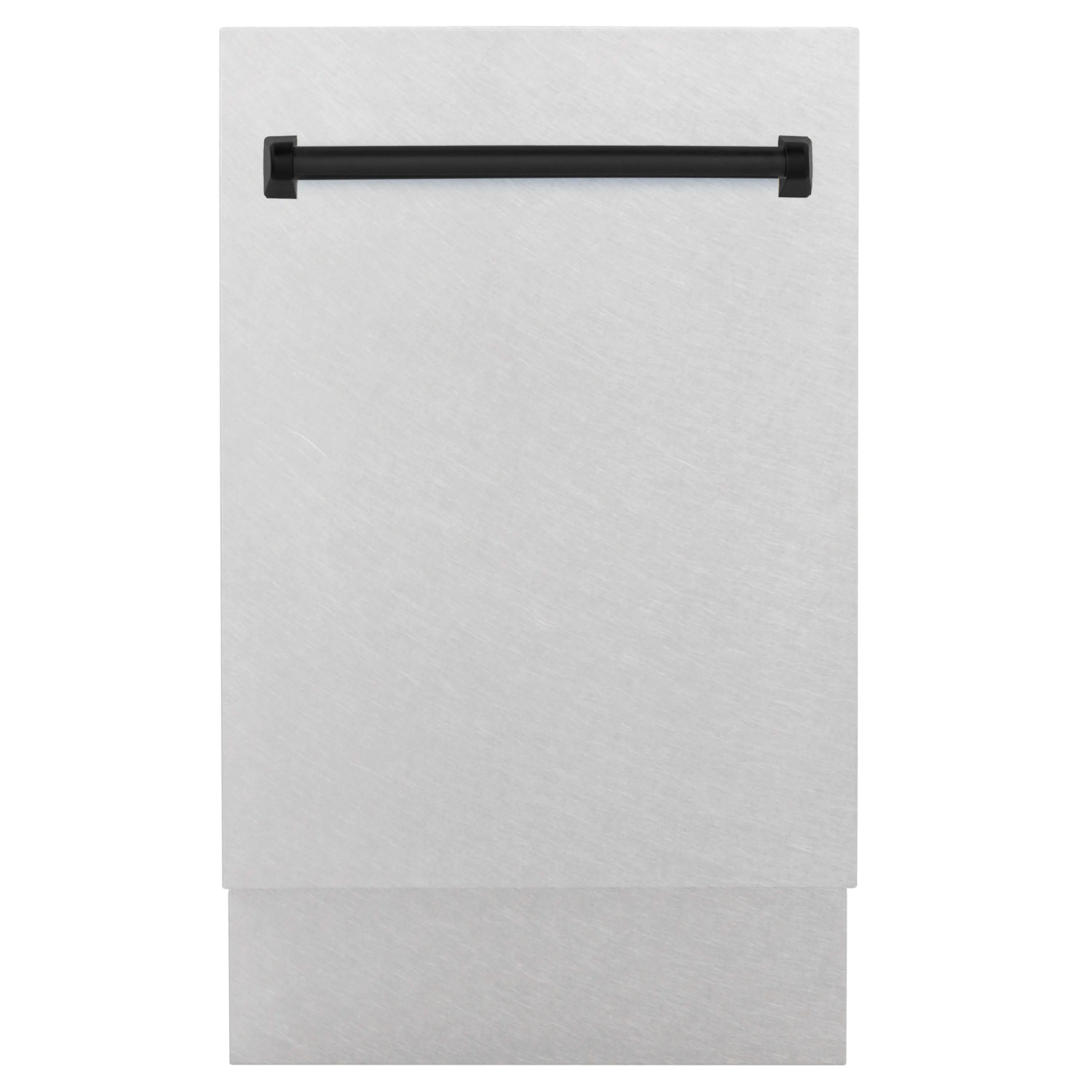 Dishwasher door panel in satin stainless with black horizontal pull handle