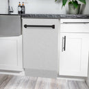 Built-in compact dishwasher with matte black handle and satin stainless steel front