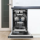 Compact dishwasher open, stainless tub with racks and spray arms visible inside