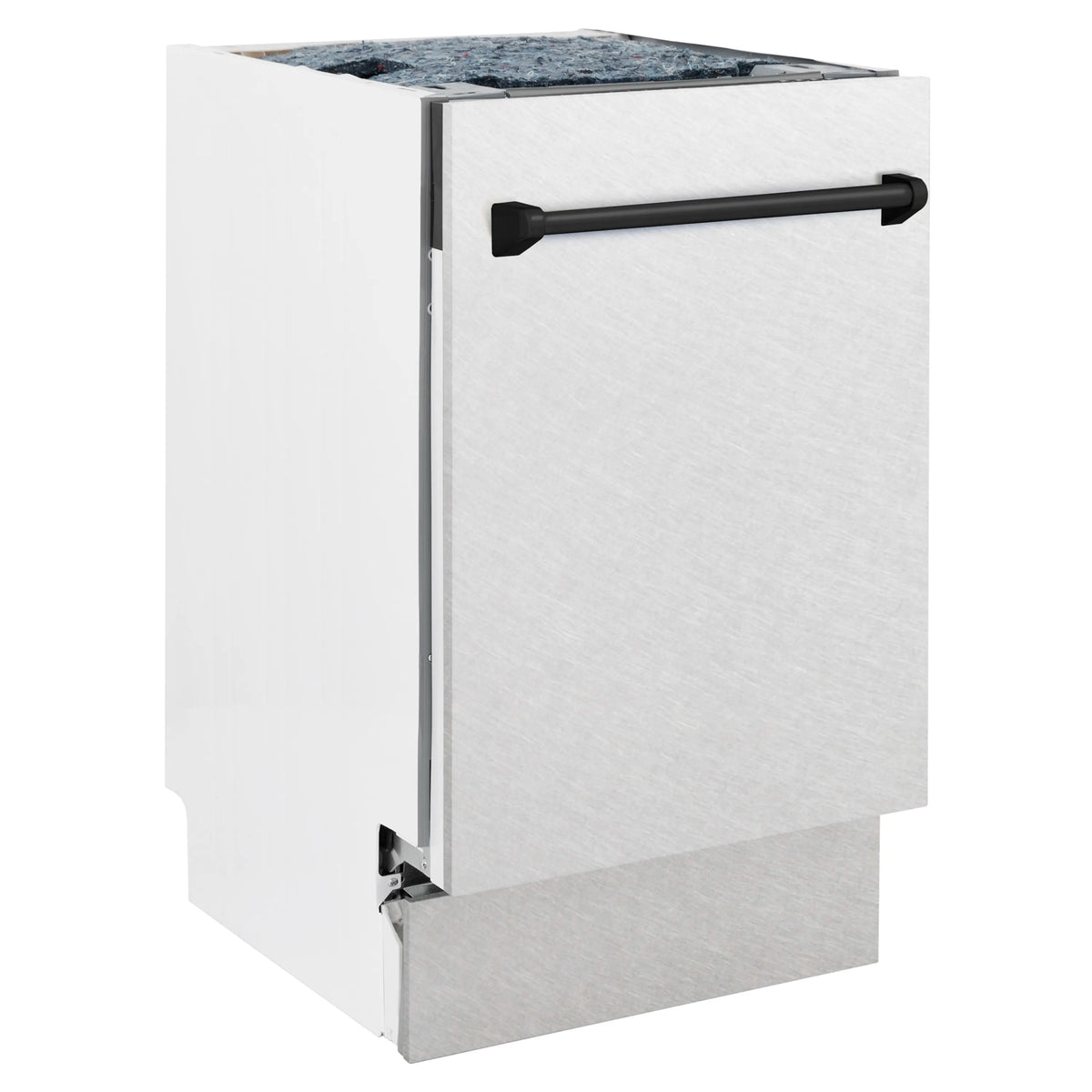 Compact dishwasher with satin stainless steel body and matte black top handle, closed