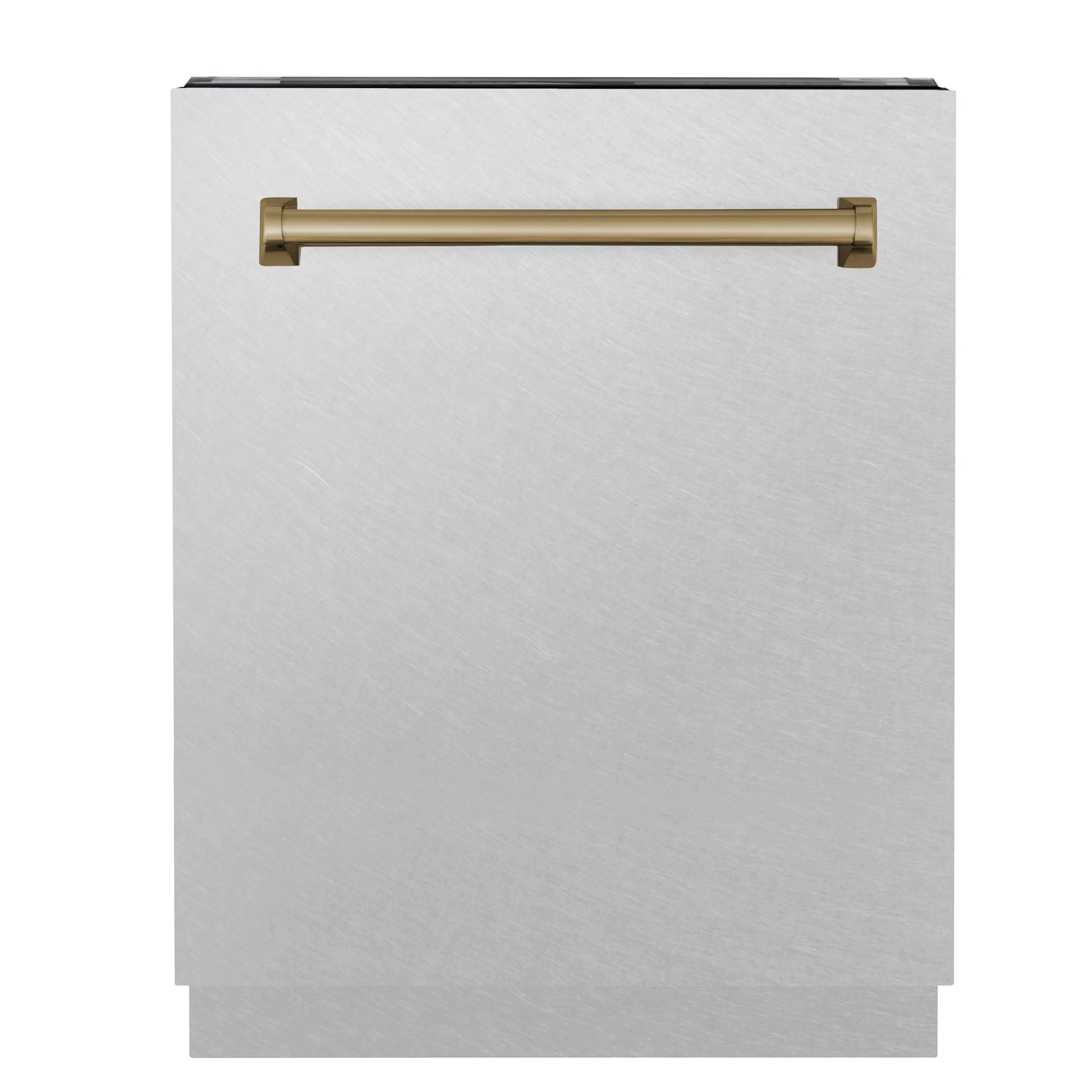 Satin stainless steel dishwasher front panel with champagne bronze handle